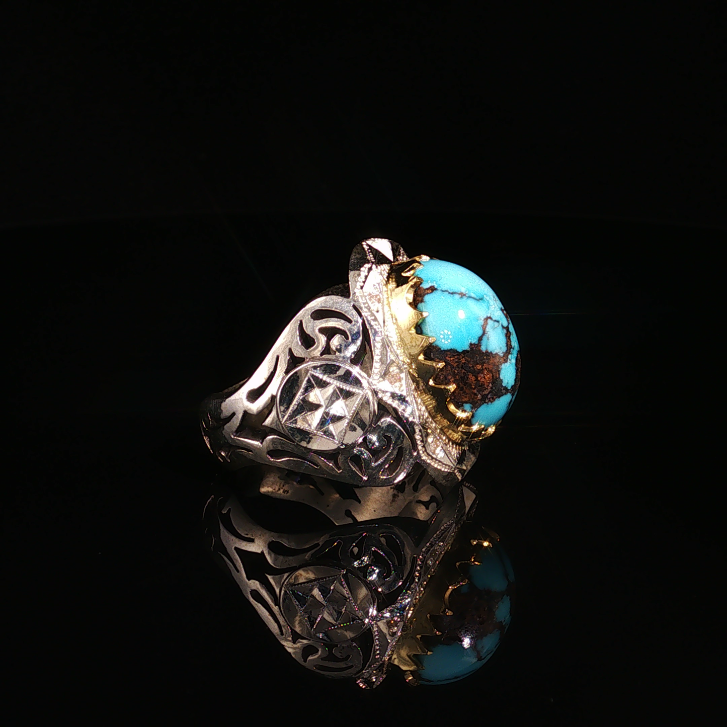 premium Sterling Silver Signet Ring with Oval Neshabour Turquoise Cabochon
