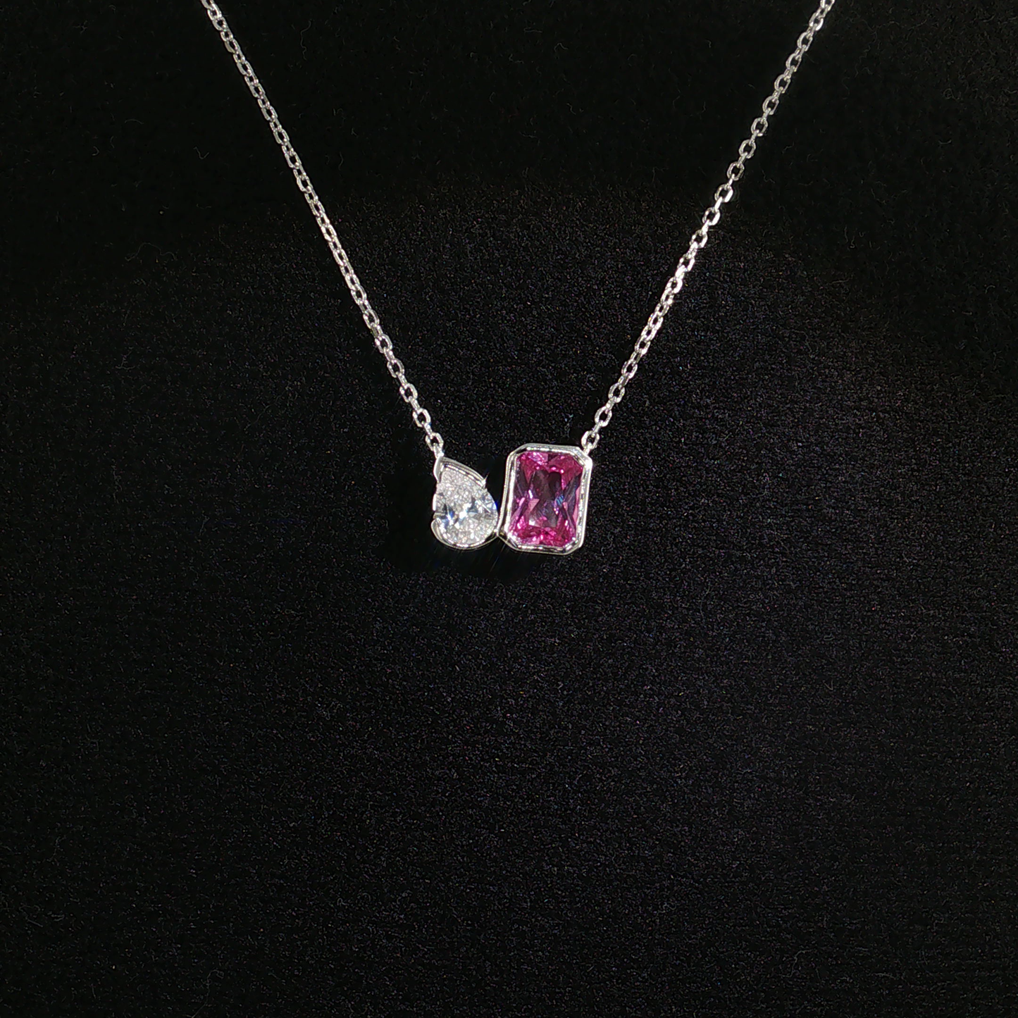 Two-Stone Fuchsia Pink tourmaline premium Sterling Silver Chain Necklace