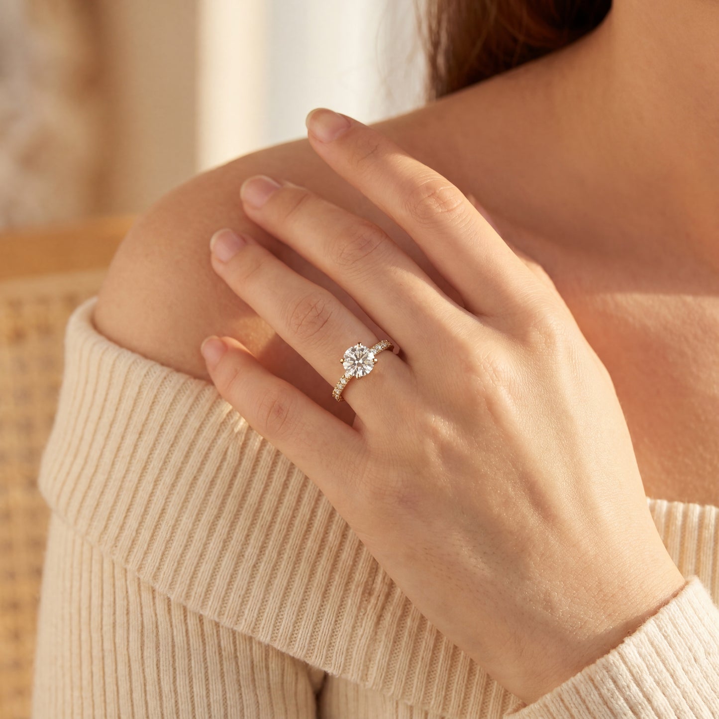 Yellow Gold Round Diamond Ring with Pavé Accents
