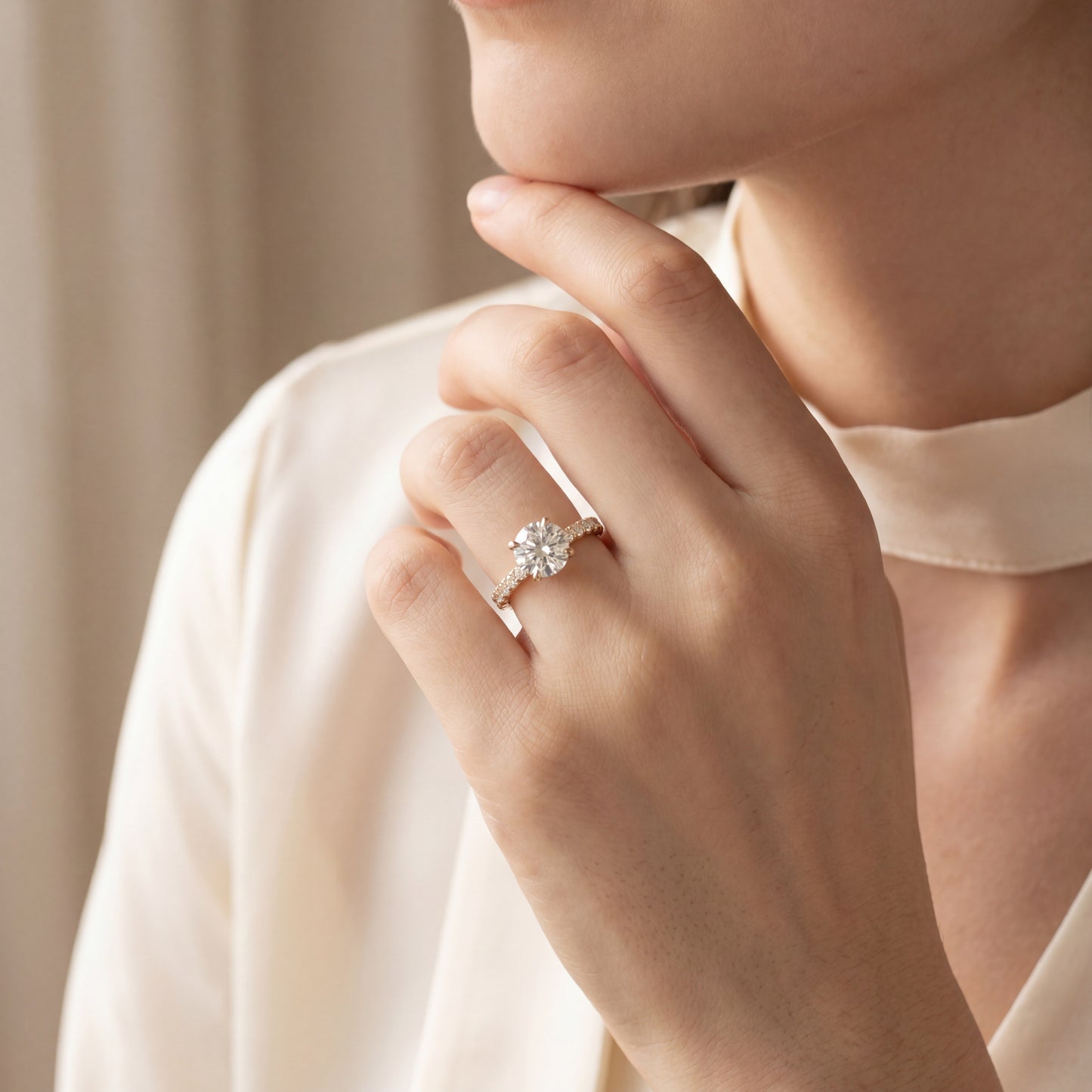 Yellow Gold Round Diamond Ring with Pavé Accents