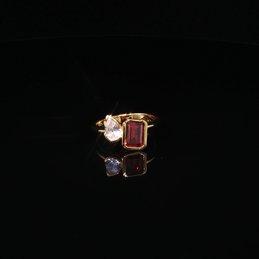 Emerald-Cut Garnet and Pear Zirconium Bypass Ring in Yellow Gold Luxe Premium Sterling Silver