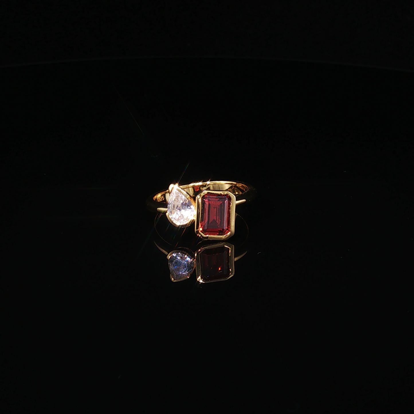 Emerald-Cut Garnet and Pear Zirconium Bypass Ring in Yellow Gold Luxe Premium Sterling Silver