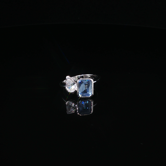 Premium Sterling Silver Toi et Moi Ring with Pear Zirconium and Emerald-Cut Aquamarine