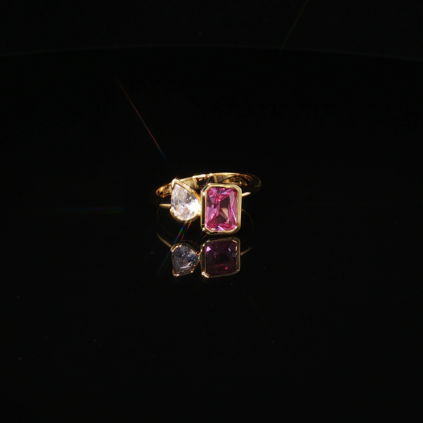 Emerald-Cut Tourmaline and Pear-Cut Zirconium Toi et Moi Ring
