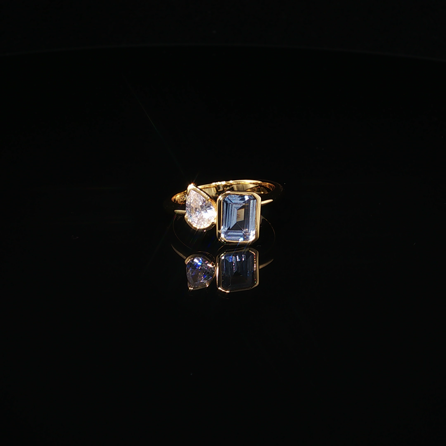 Aquamarine and Zirconium Yellow Gold Plated Premium Sterling Silver Toi et Moi Bypass Ring