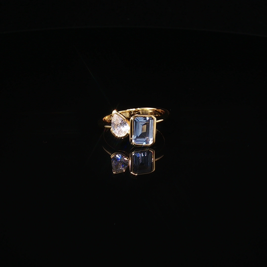 Aquamarine and Zirconium Yellow Gold Plated Premium Sterling Silver Toi et Moi Bypass Ring