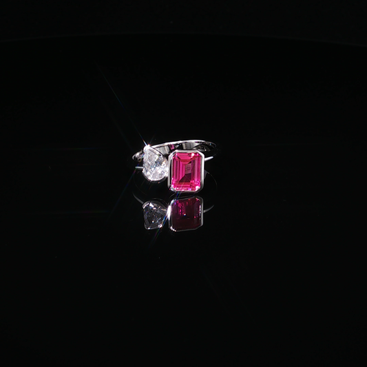 Emerald-Cut Pink Tourmaline and Pear-Shaped Zirconium Toi et Moi Ring in Premium Sterling Silver