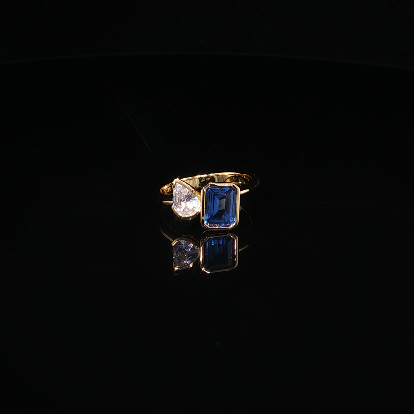 Emerald-Cut London Blue Topaz and Pear Zirconium Yellow Gold Plated Premium Sterling Silver Toi et Moi Ring