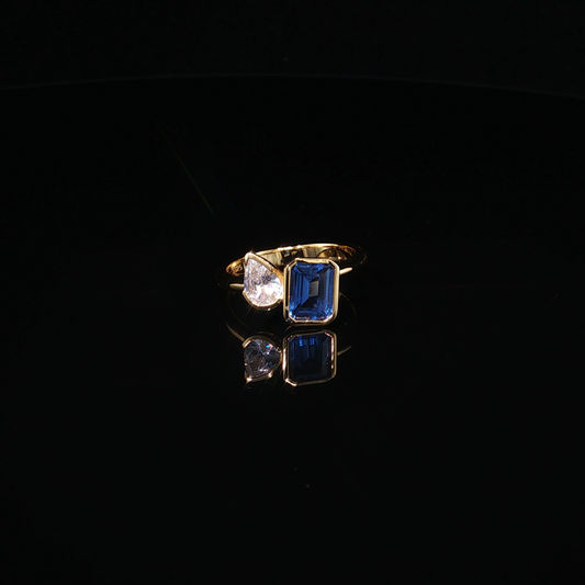 Emerald-Cut London Blue Topaz and Pear Zirconium Yellow Gold Plated Premium Sterling Silver Toi et Moi Ring