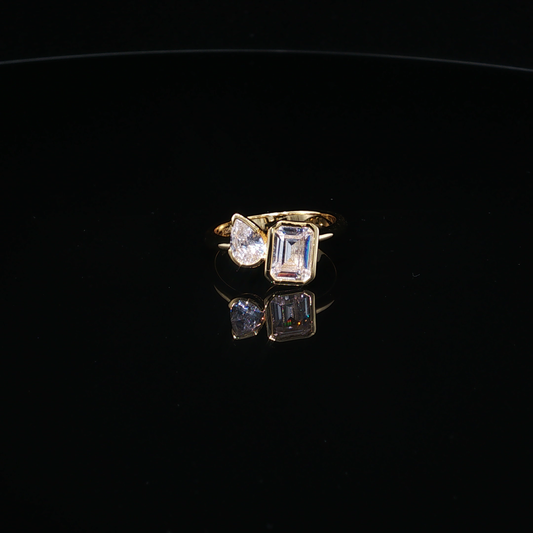 Yellow Gold Plated Silver 925 Toi et Moi Emerald and Pear Cut Zirconium Ring