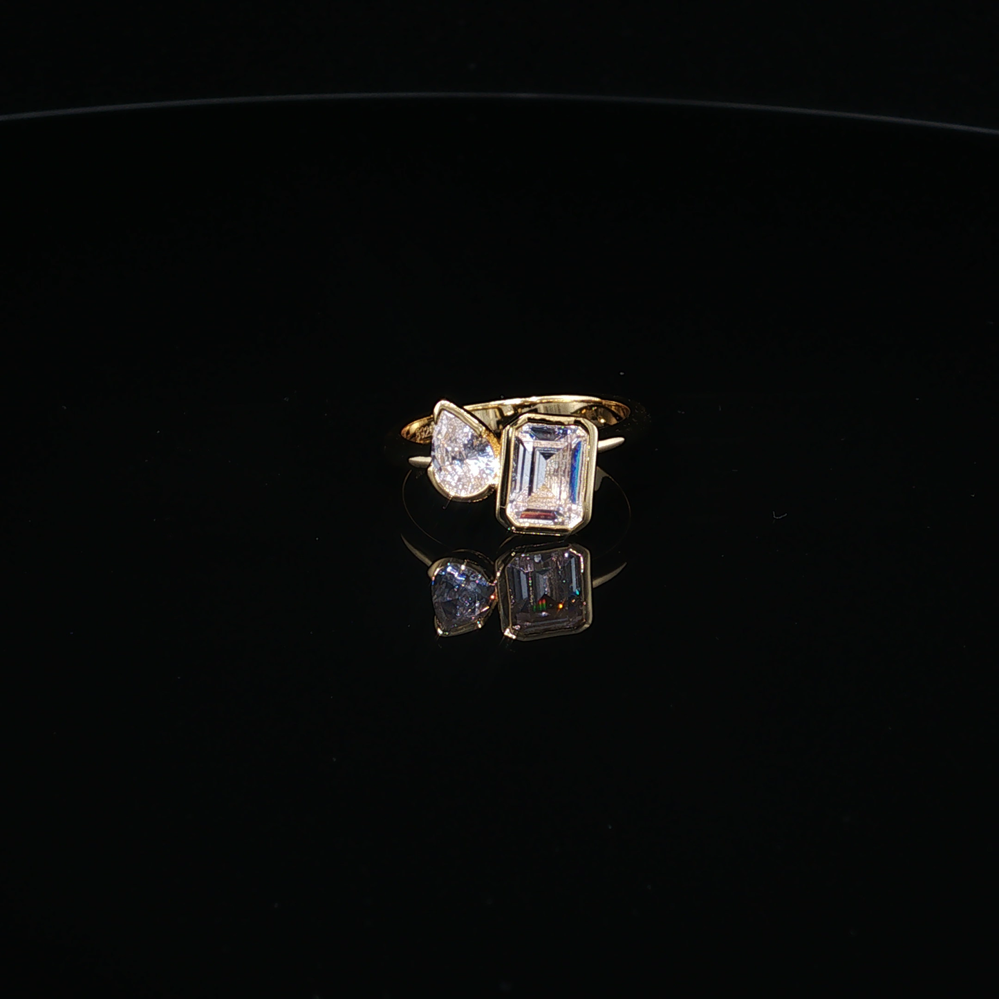 Yellow Gold Plated Silver 925 Toi et Moi Emerald and Pear Cut Zirconium Ring