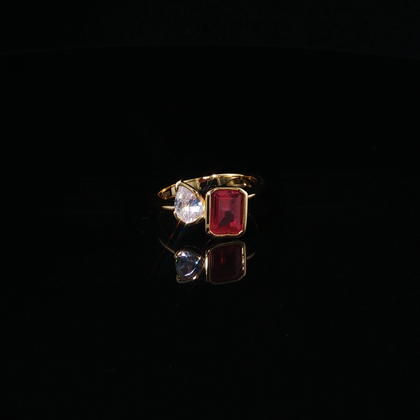 Emerald-Cut Ruby and Pear-Cut Zirconium Toi et Moi Ring in Yellow Gold Plated Premium Sterling Silver