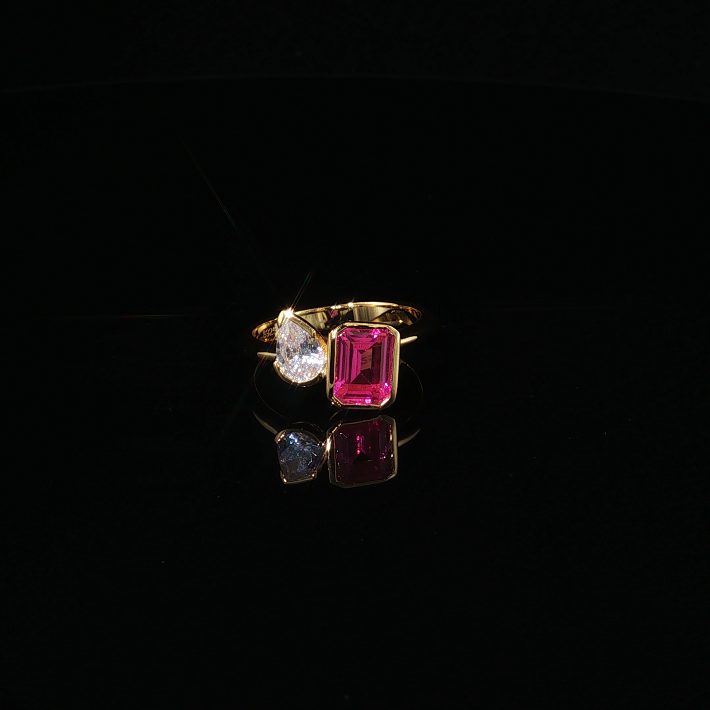 Yellow Gold Plated Premium Sterling Silver Toi et Moi Bypass Ring with Emerald-Cut Tourmaline and Pear Zirconium