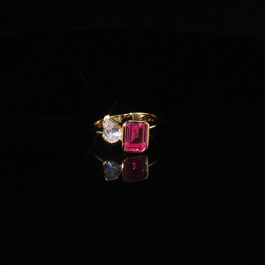 Yellow Gold Plated Premium Sterling Silver Toi et Moi Bypass Ring with Emerald-Cut Tourmaline and Pear Zirconium