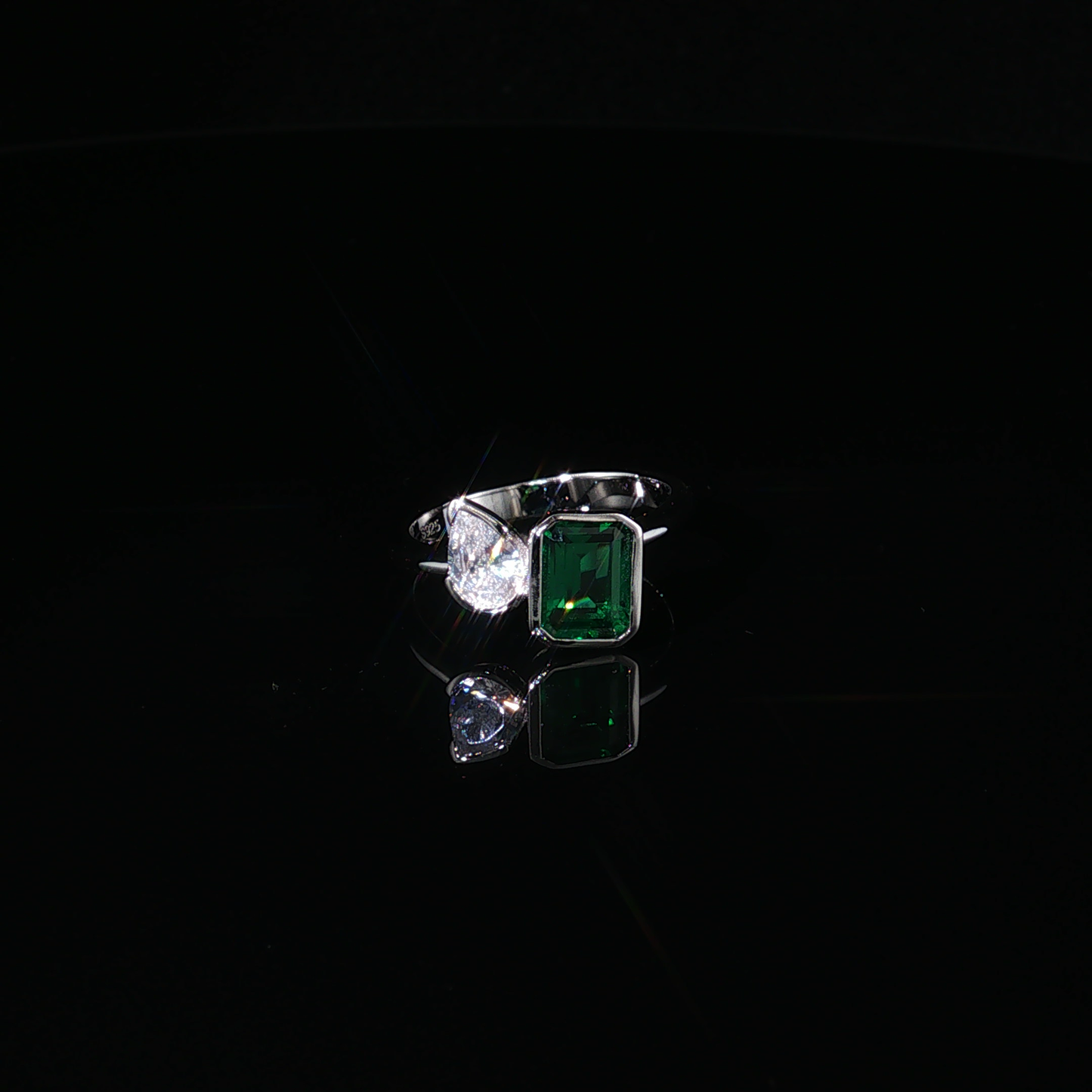 Emerald and Pear Diamond Bypass Ring in Premium Sterling Silver