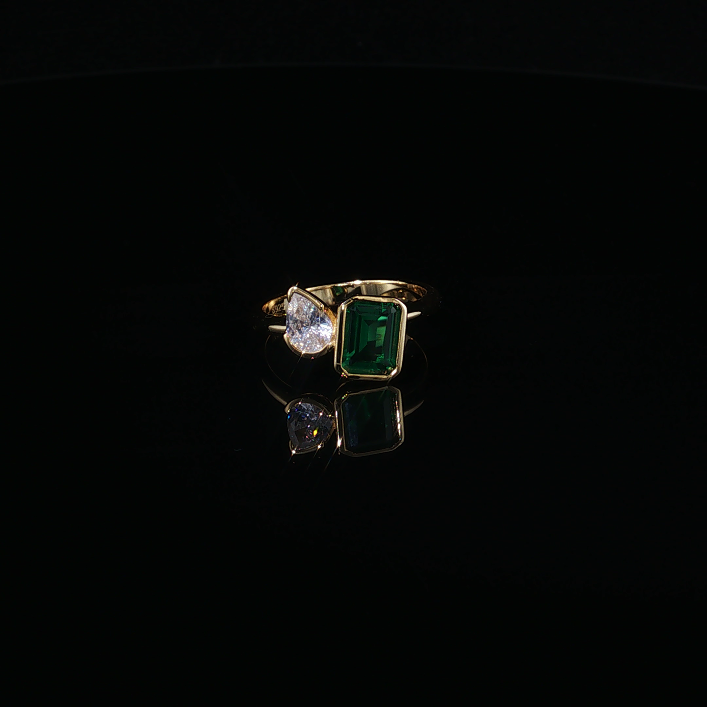 Toi et Moi  Sterling Silver 925 with a Luxe Gold Finish Pear Zirconium and Emerald Ring