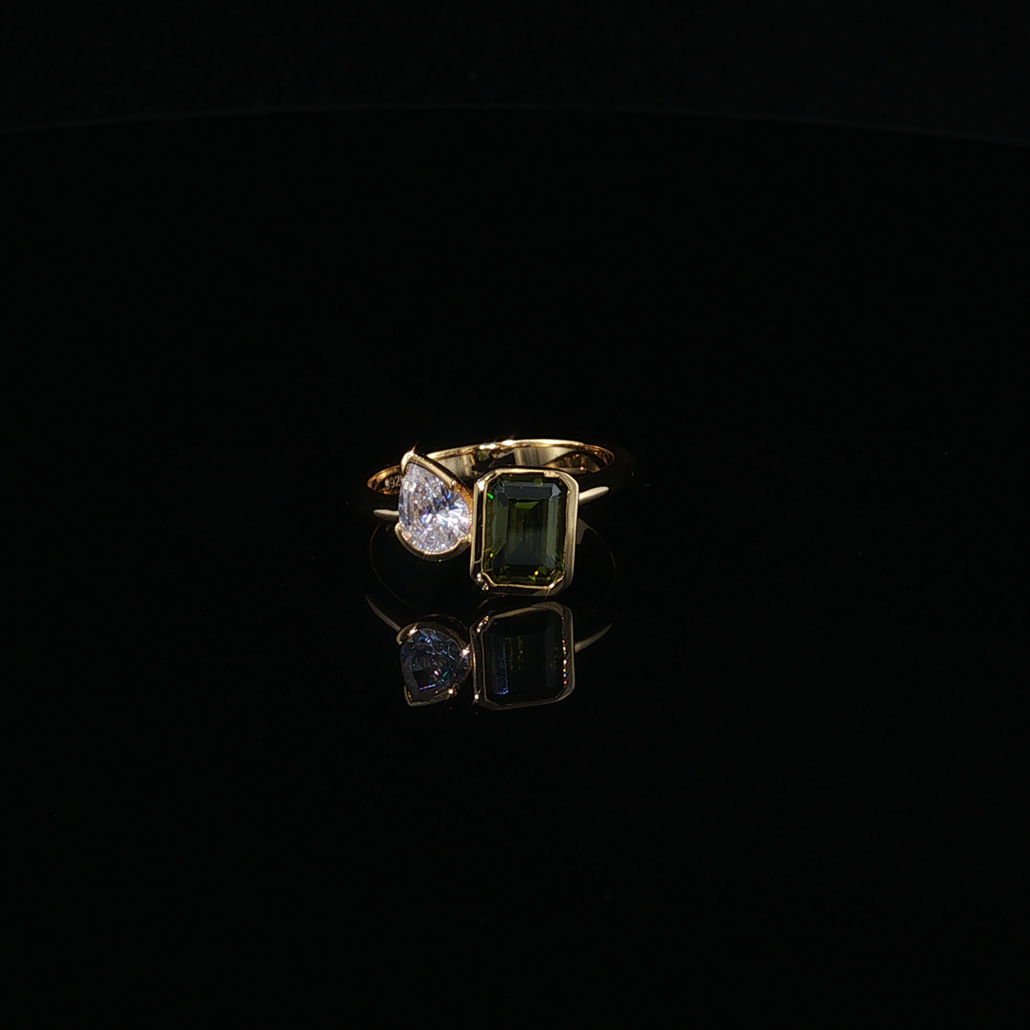 Bypass Duo Peridot and Pear Zirconium Cocktail Ring in Yellow Gold Plated Sterling Silver 925