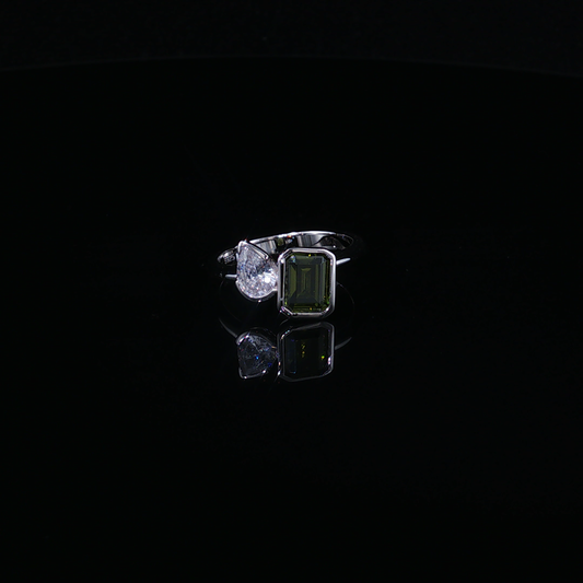 Bypass Duo-Stone Ring with Emerald-Cut Peridot and Pear Zirconium