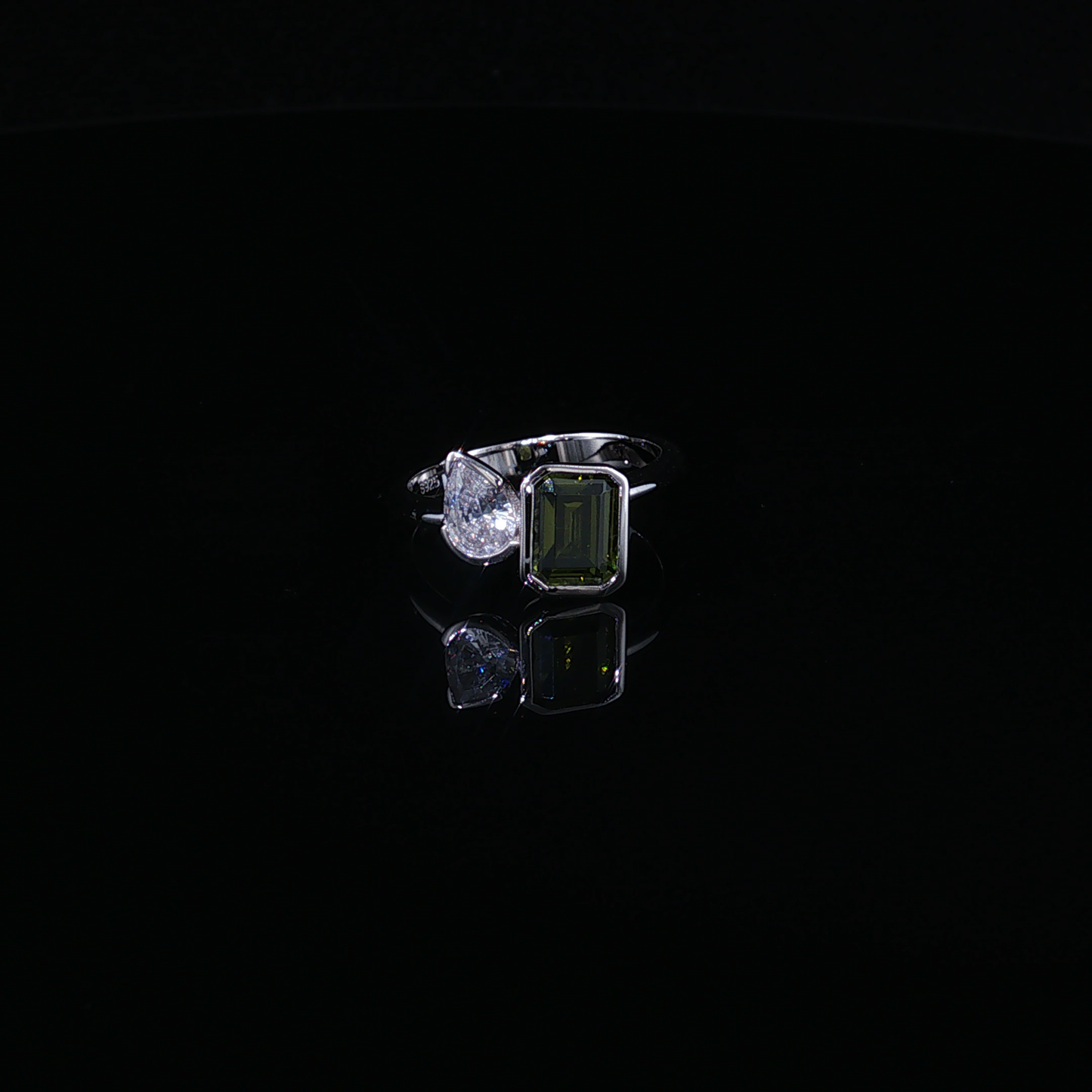 Bypass Duo-Stone Ring with Emerald-Cut Peridot and Pear Zirconium