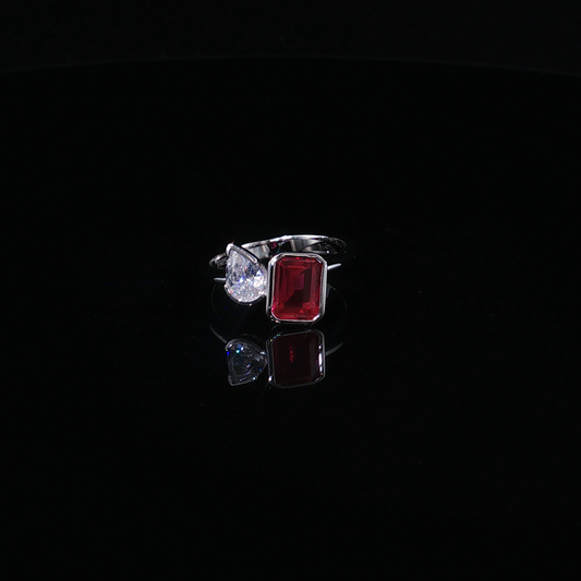 Emerald-Cut Ruby and Pear Zirconium Two-Stone Cocktail Ring in Silver 925