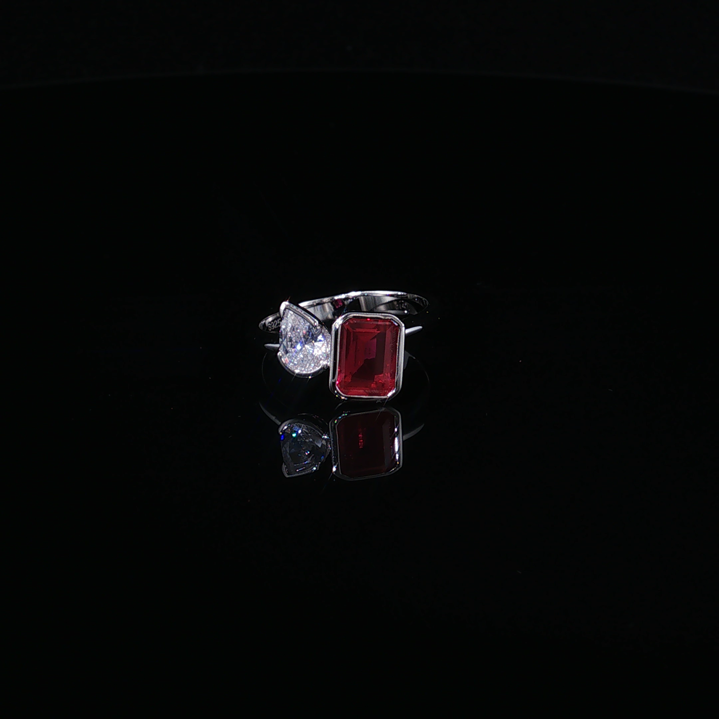 Emerald-Cut Ruby and Pear Zirconium Two-Stone Cocktail Ring in Silver 925