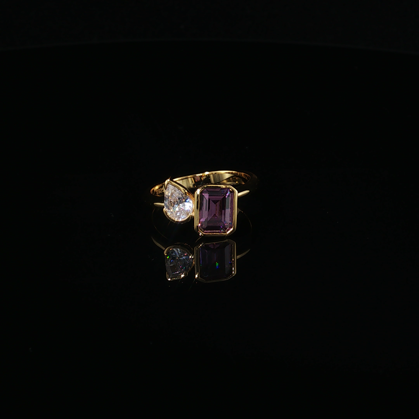 Yellow Gold Luxe Premium Sterling Silver  Toi et Moi Pear Zirconium and Emerald-Cut Precision Engineered Alexandrite Bezel Ring
