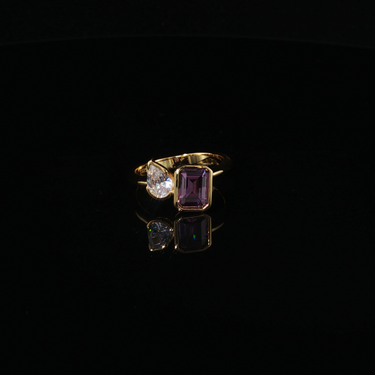 Yellow Gold Luxe Premium Sterling Silver  Toi et Moi Pear Zirconium and Emerald-Cut Precision Engineered Alexandrite Bezel Ring