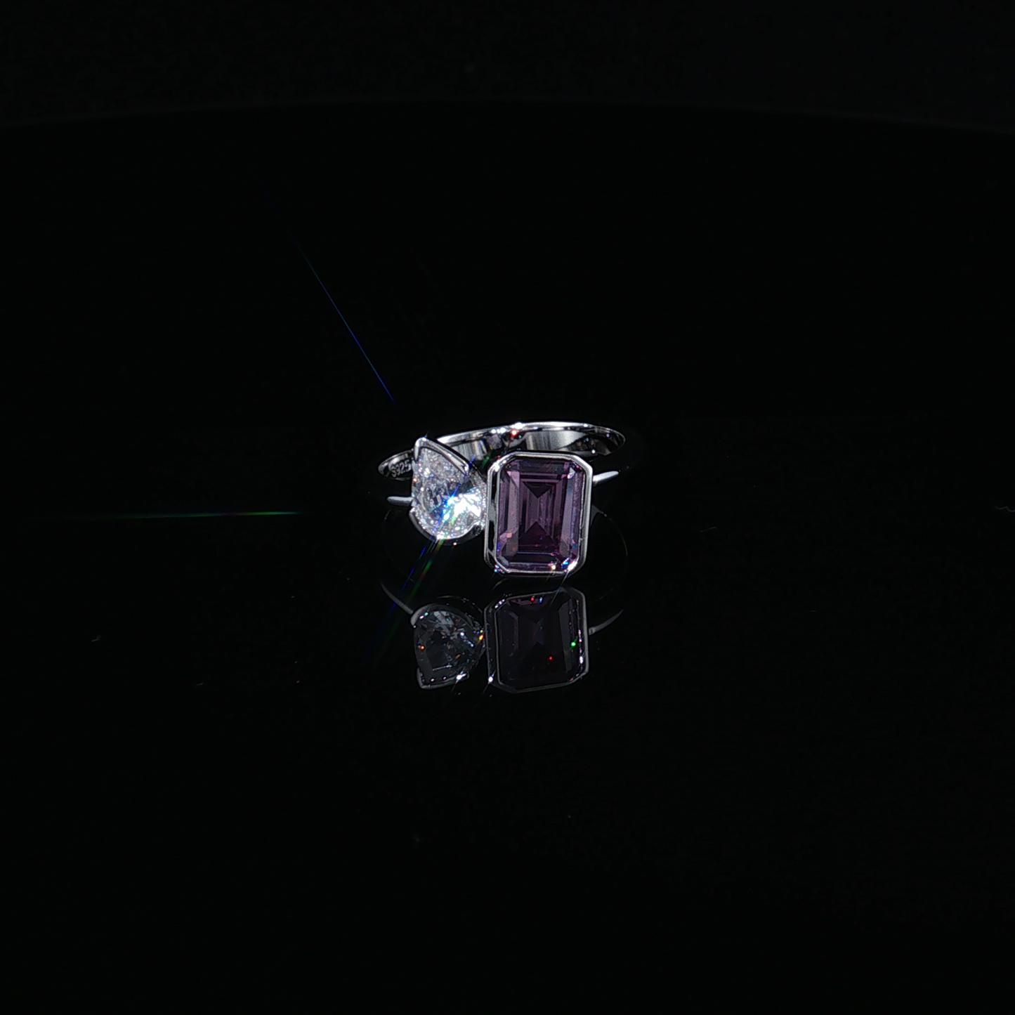 Premium Sterling Silver  Toi et Moi Ring with Emerald-Cut Alexandrite and Pear-Cut  White Zirconium