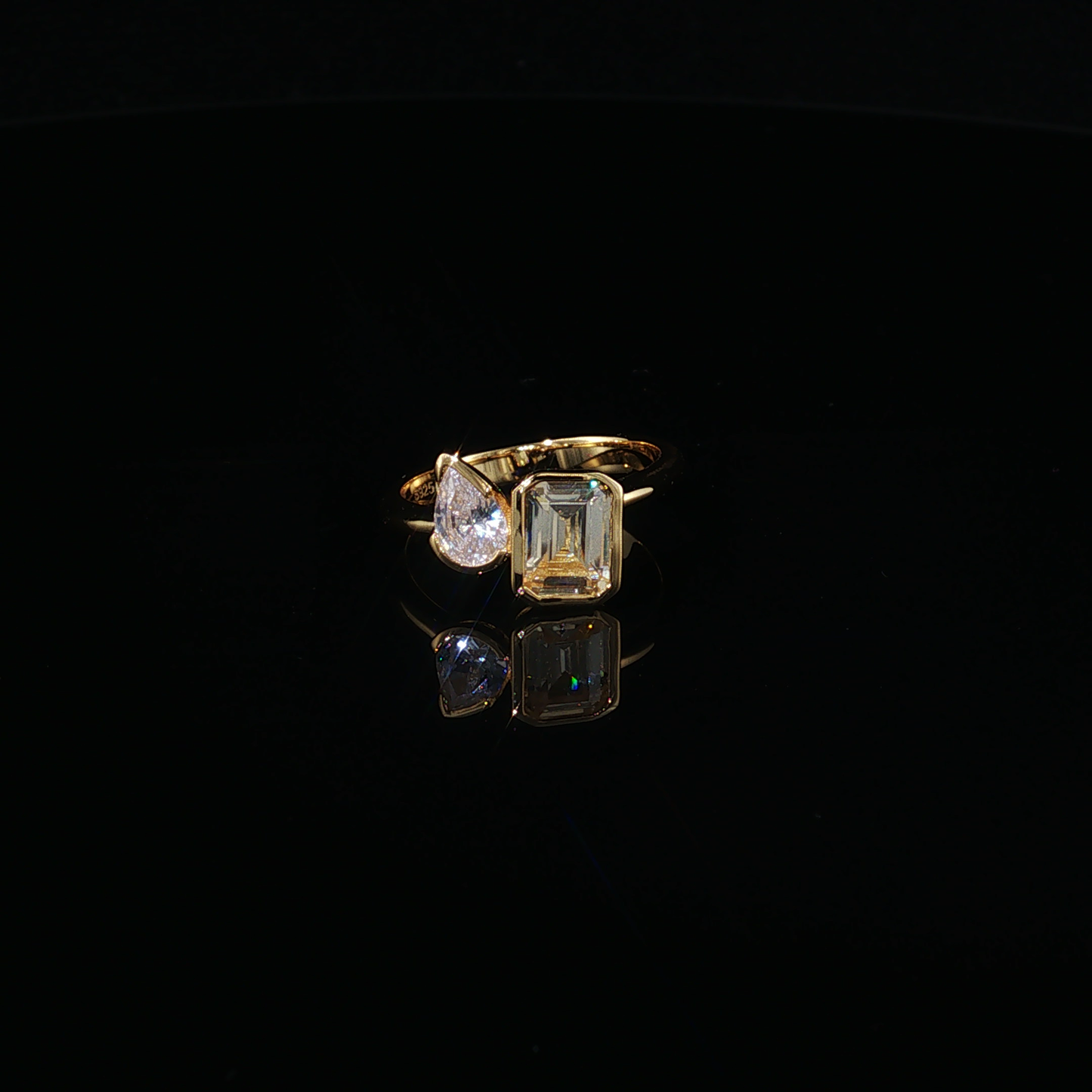 Yellow Gold Plated Silver 925 Toi et Moi Pear Zirconium and Emerald-Cut Citrine Ring