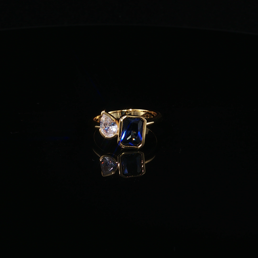 Emerald-Cut Blue Sapphire and Pear-Cut Zirconium Toi et Moi Ring in Luxe Yellow Gold Premium Sterling Silver