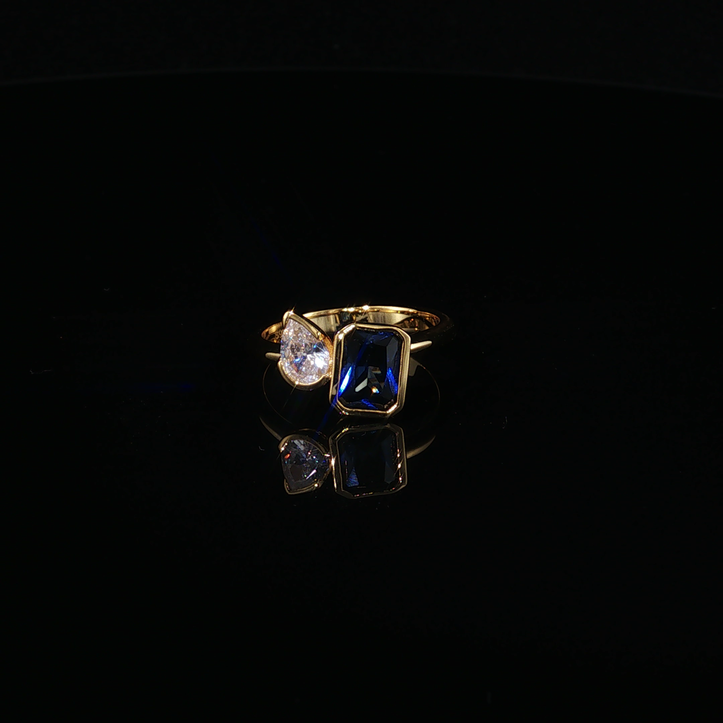 Emerald-Cut Blue Sapphire and Pear-Cut Zirconium Toi et Moi Ring in Luxe Yellow Gold Premium Sterling Silver