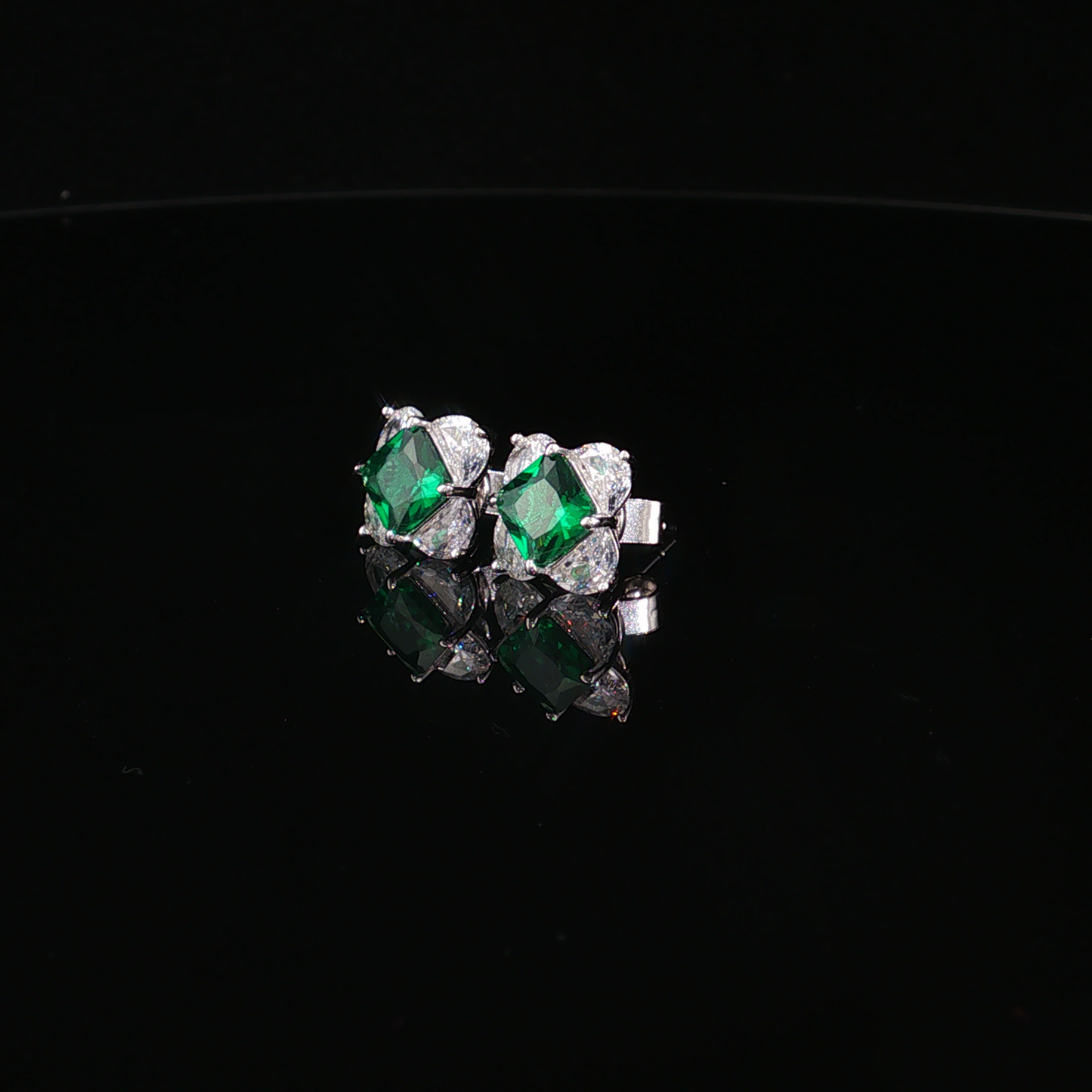 Square Emerald and Cubic Zirconia Cluster Stud Earrings in Premium Sterling Silver
