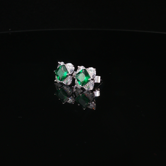 Square Emerald and Cubic Zirconia Cluster Stud Earrings in Premium Sterling Silver