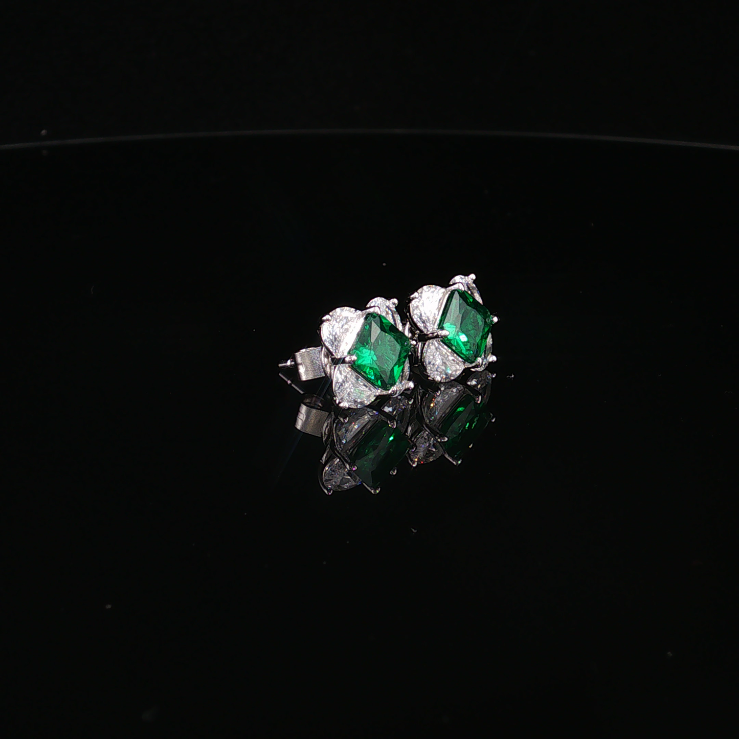 Square Emerald and Cubic Zirconia Cluster Stud Earrings in Premium Sterling Silver