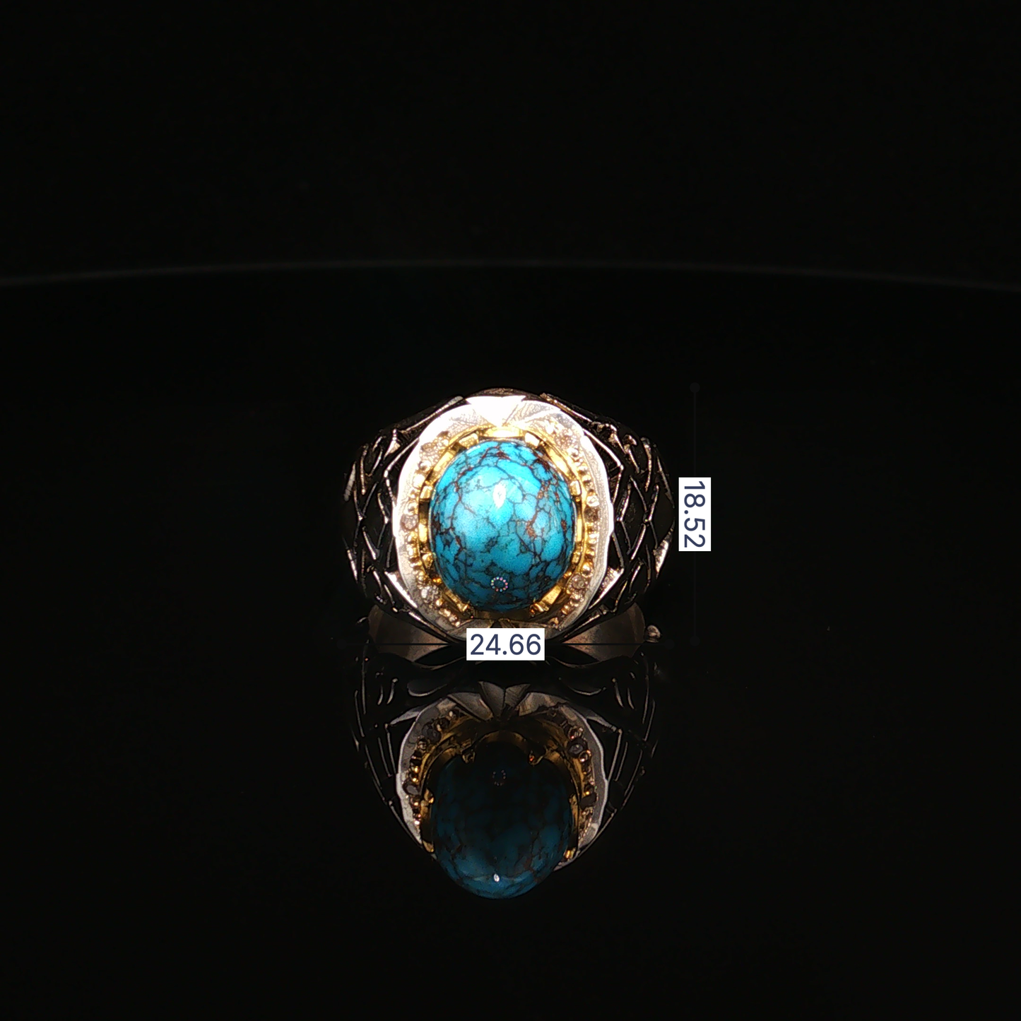 Neshabour Turquoise Cabochon premium Sterling Silver Signet Ring with Textured Band
