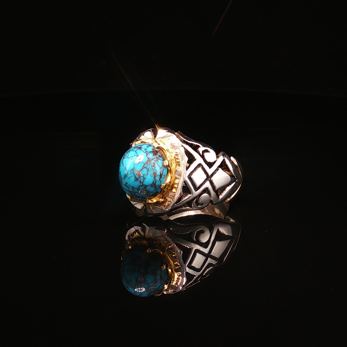 Neshabour Turquoise Cabochon premium Sterling Silver Signet Ring with Textured Band