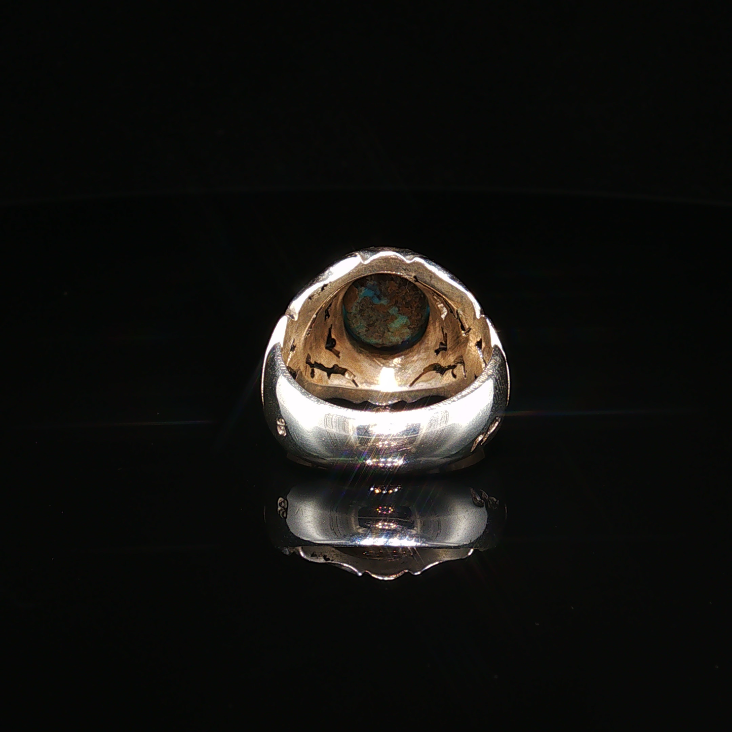 Neshabour Turquoise Cabochon premium Sterling Silver Signet Ring with Textured Band