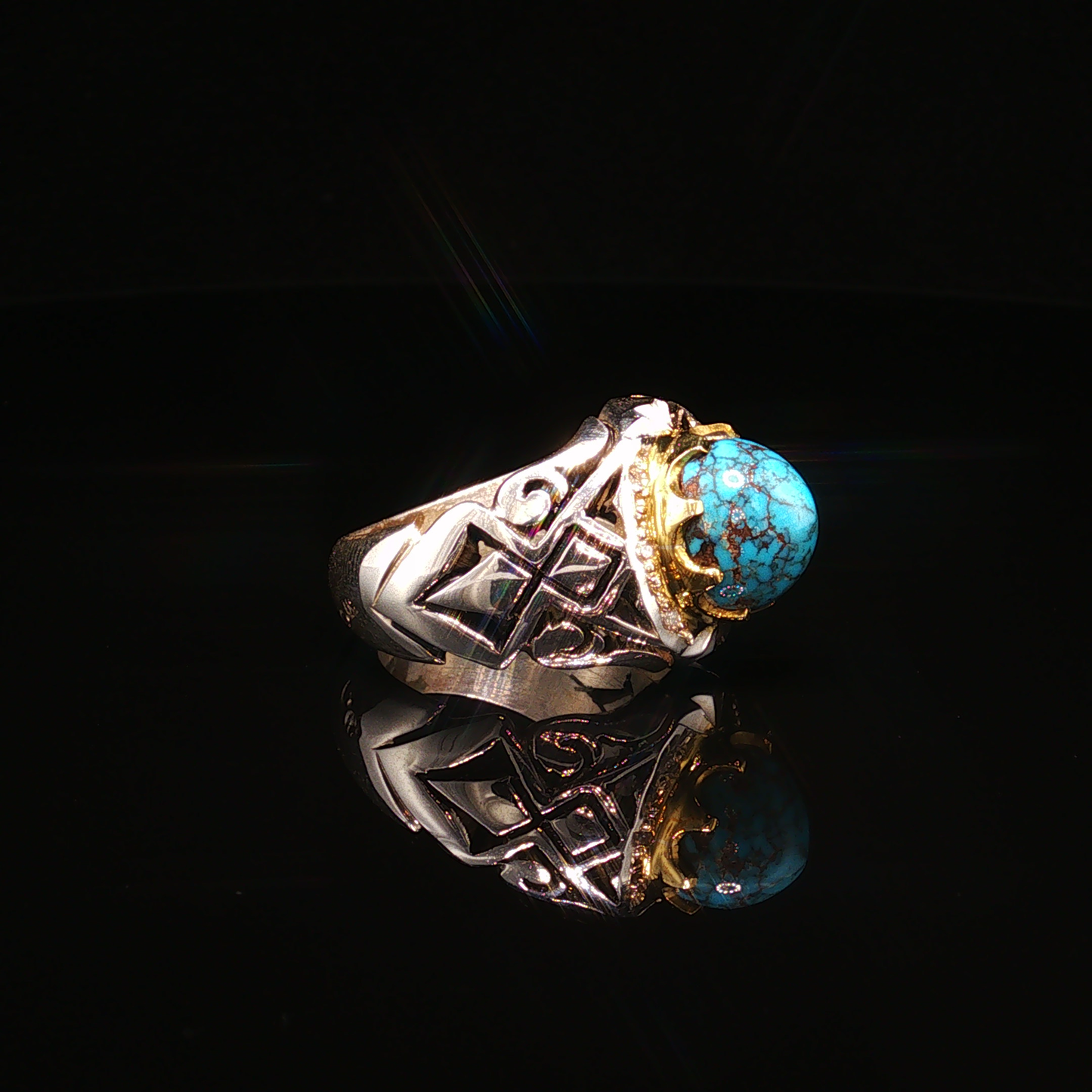 Neshabour Turquoise Cabochon premium Sterling Silver Signet Ring with Textured Band