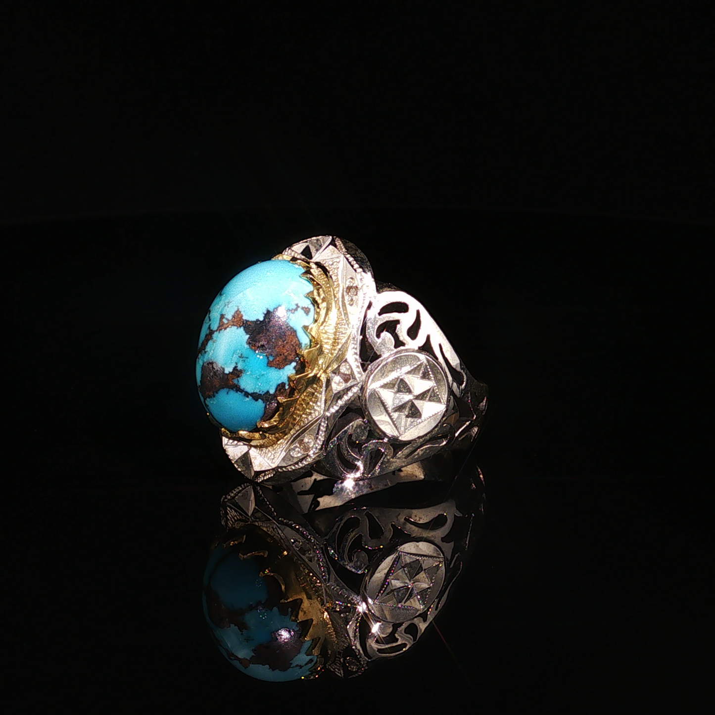 premium Sterling Silver Signet Ring with Oval Neshabour Turquoise Cabochon
