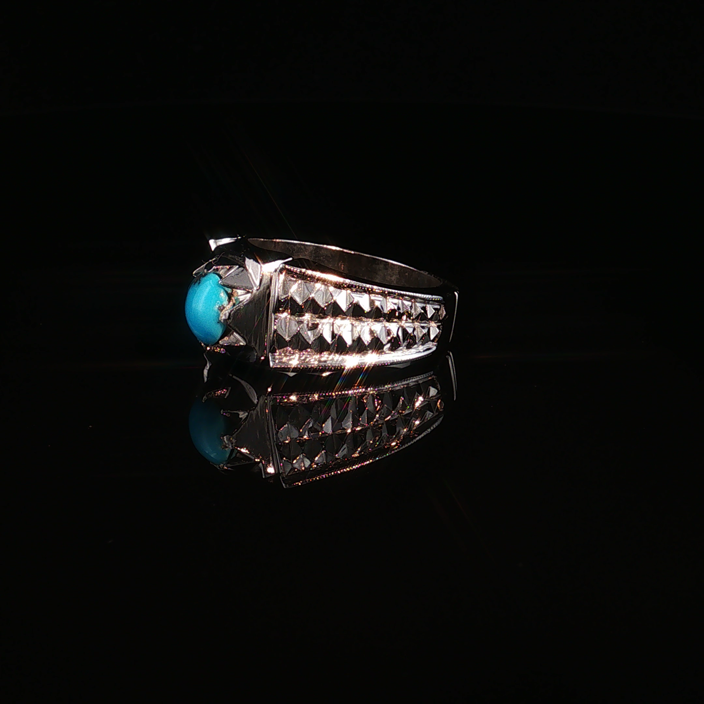 premium Sterling Silver Ring with Neshabour Turquoise Cabochon