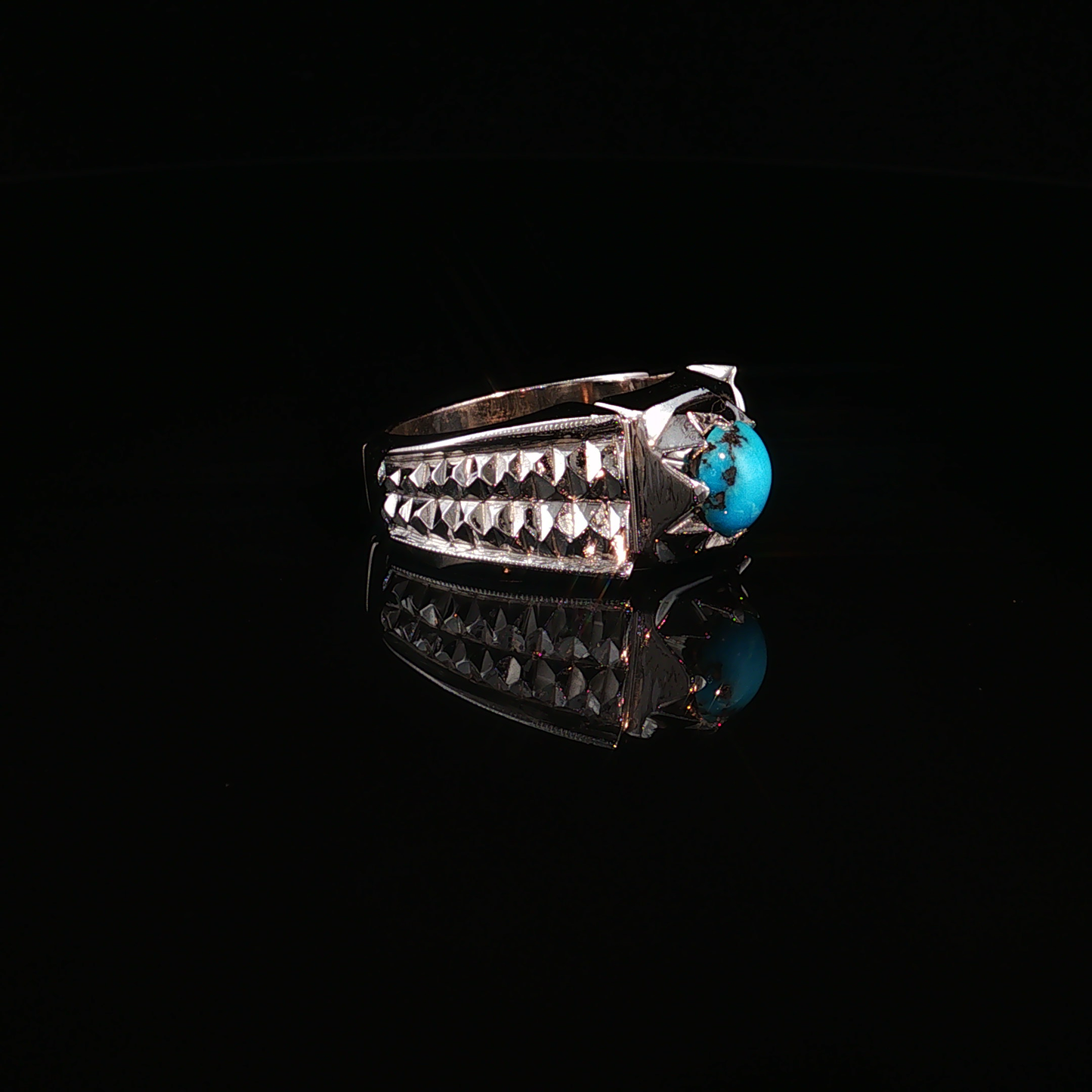 premium Sterling Silver Ring with Neshabour Turquoise Cabochon
