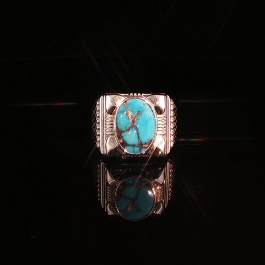 Oval Neshabour Turquoise Silver Ring with Etched Detailing