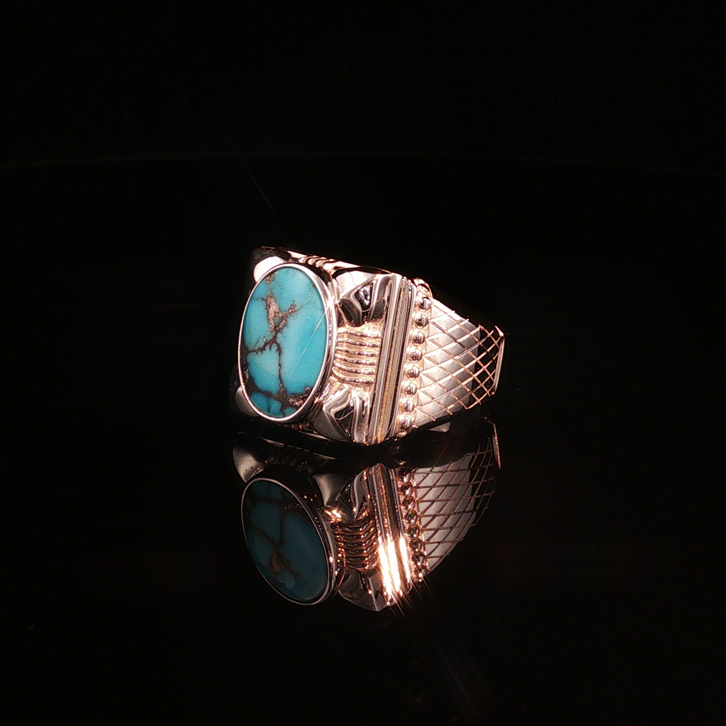 Oval Neshabour Turquoise Silver Ring with Etched Detailing