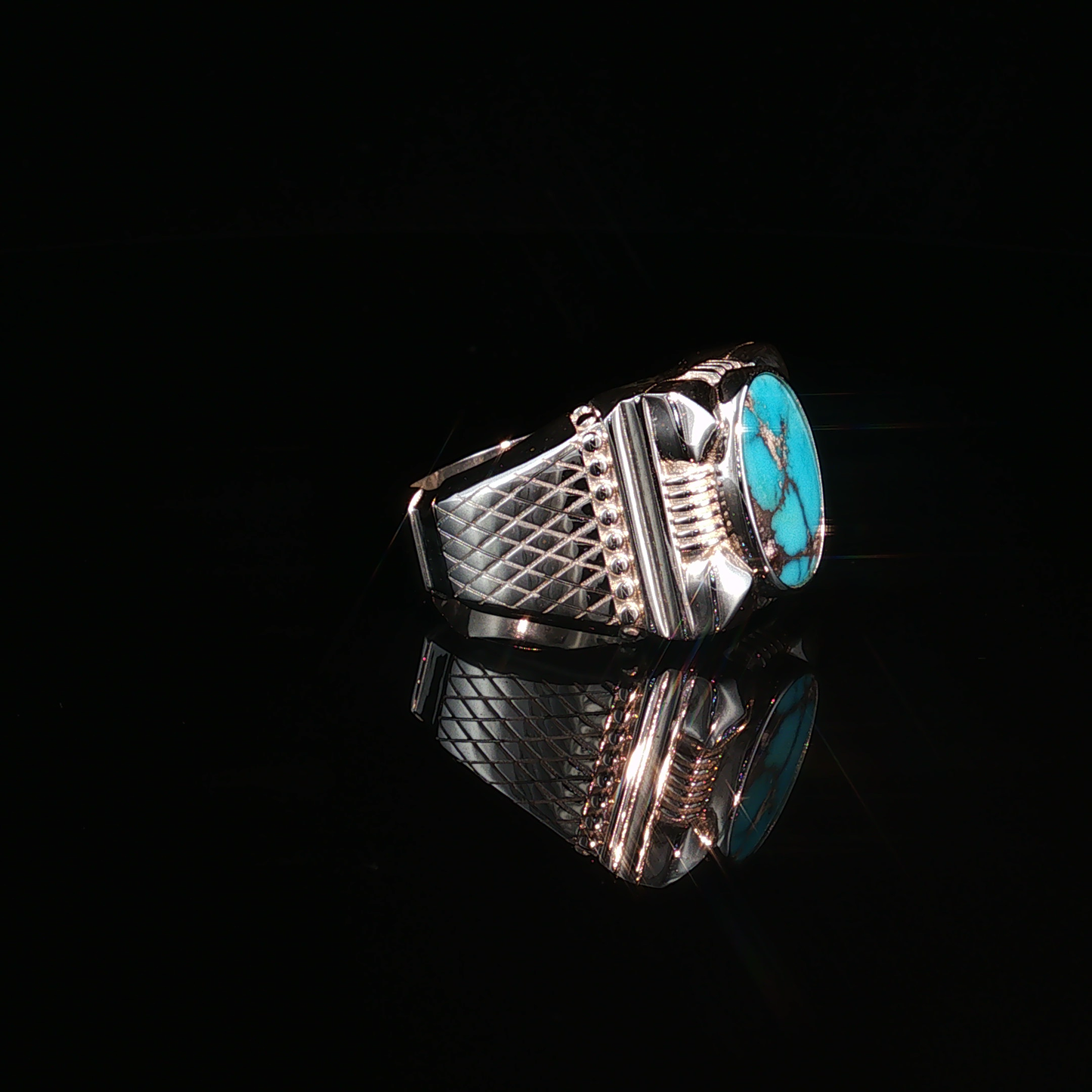 Oval Neshabour Turquoise Silver Ring with Etched Detailing