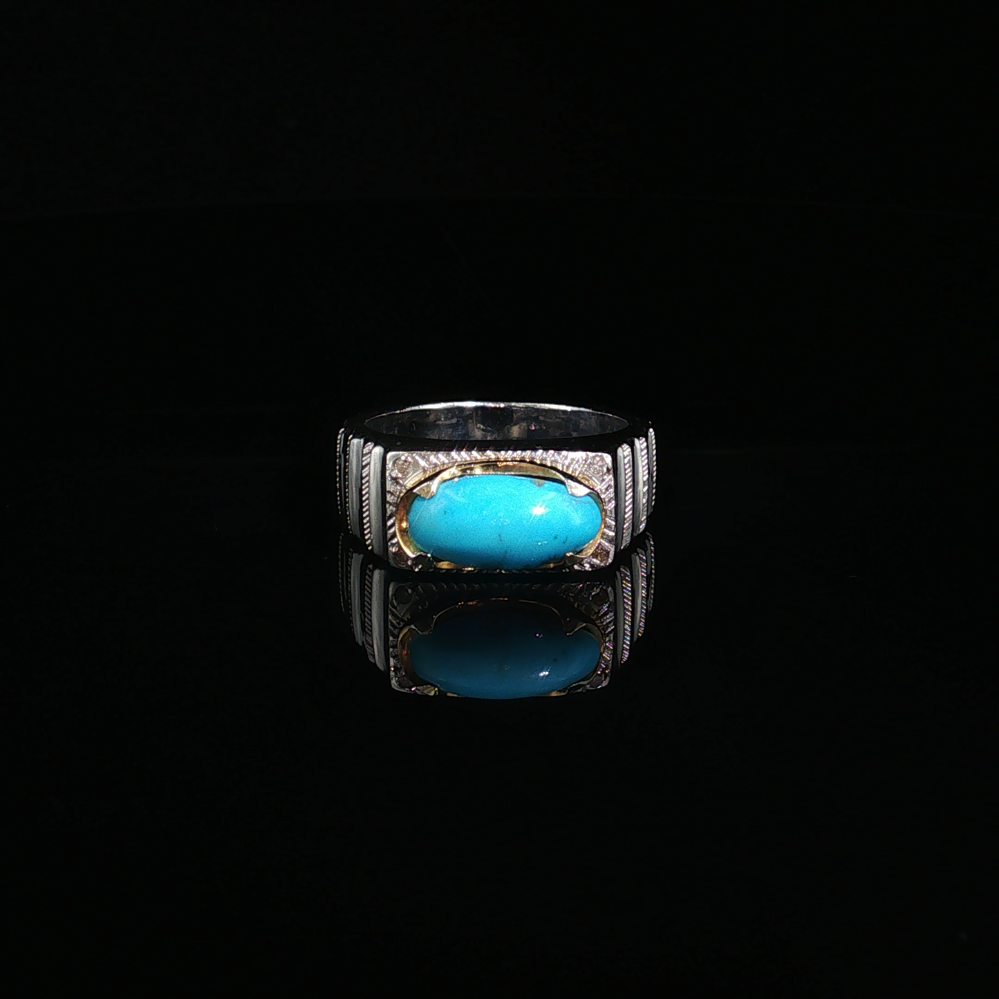 Oval Neshabour Turquoise Silver Ring with Textured Band