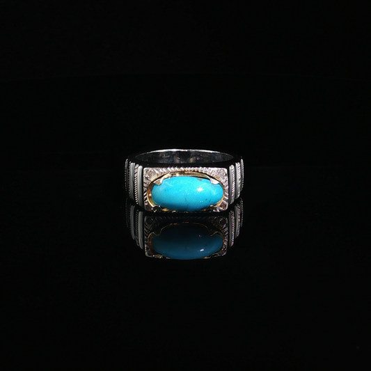 Oval Neshabour Turquoise Silver Ring with Textured Band