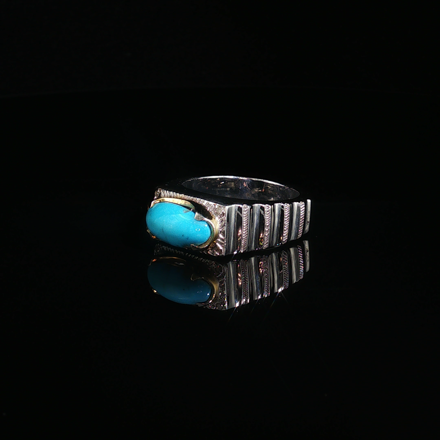 Oval Neshabour Turquoise Silver Ring with Textured Band