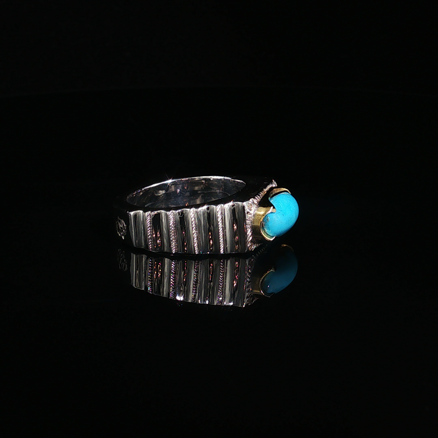 Oval Neshabour Turquoise Silver Ring with Textured Band