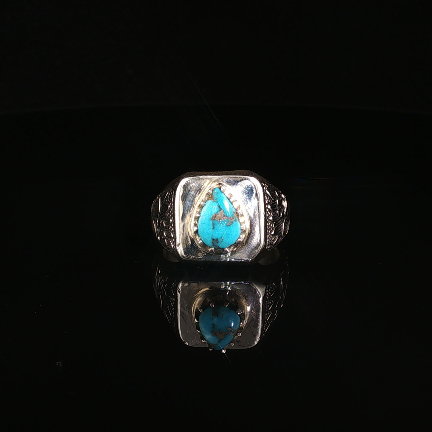 Engraved Silver Signet Ring with Pear-Shaped Neshabour Turquoise