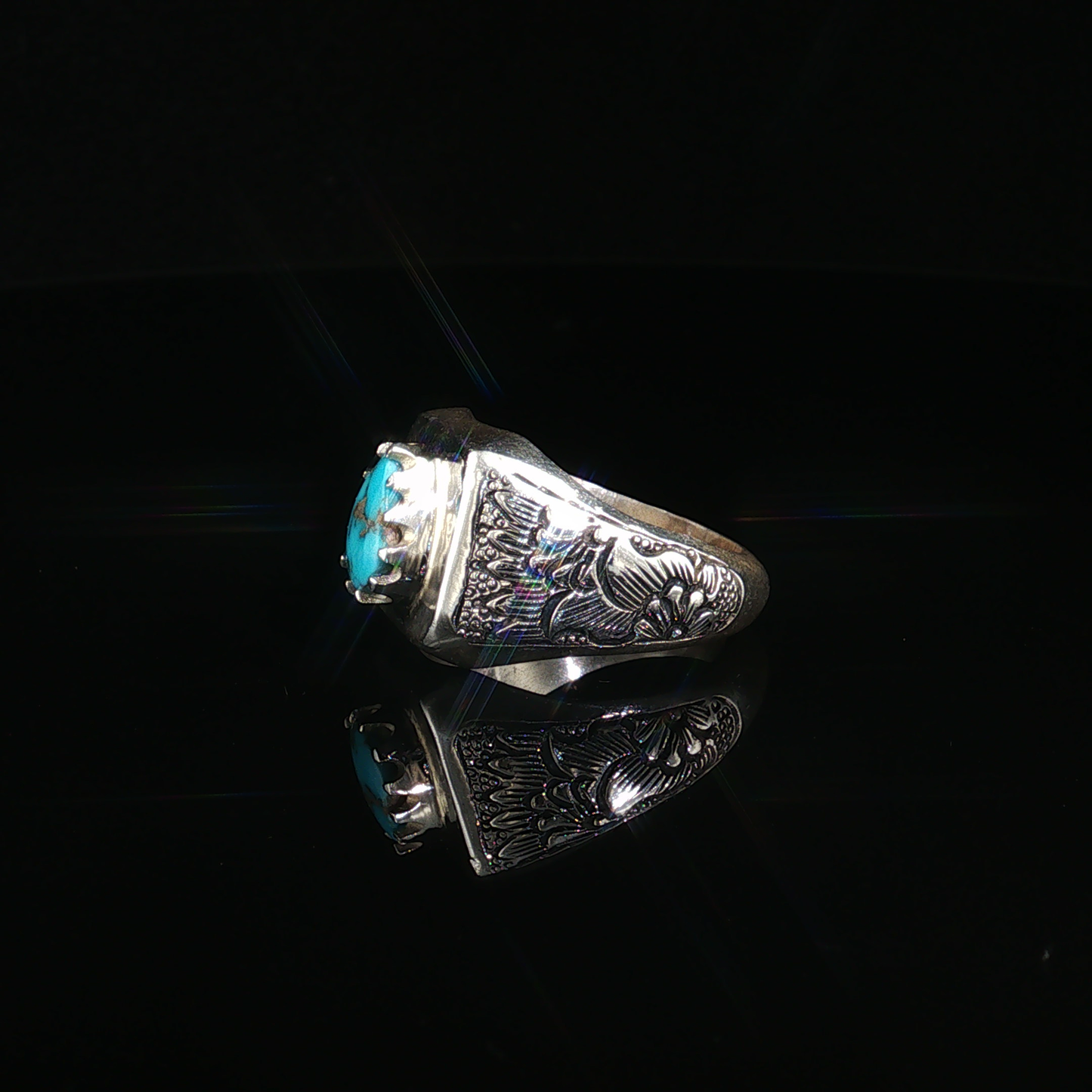 Engraved Silver Signet Ring with Pear-Shaped Neshabour Turquoise
